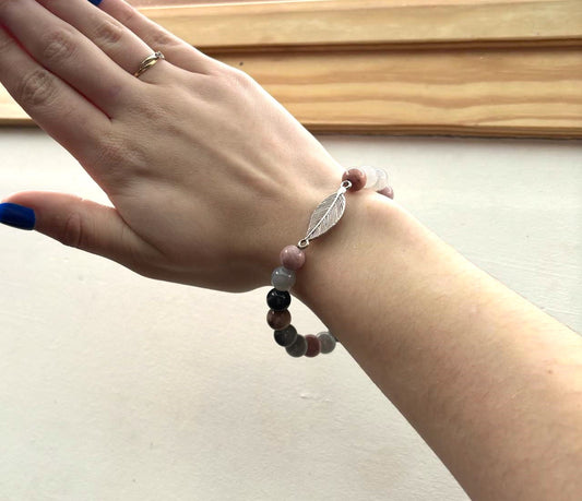 Bracelet labradorite ,cristal de roche ,rhodonite plume