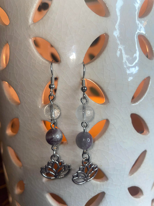 boucles d'oreilles, Améthyste, cristal de roche, fleur de lotus